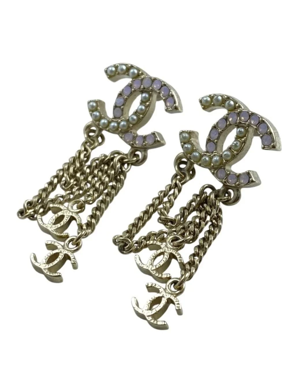 Chanel Chain Earrings CC Logo Rhinestone Pearl Gold